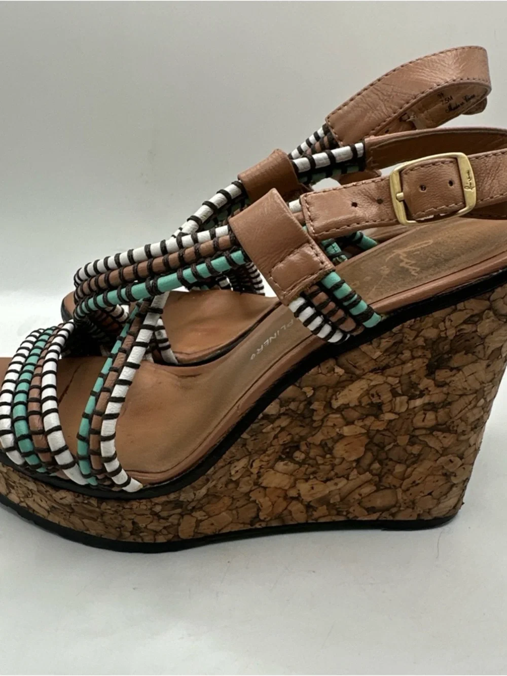 Donald J. Pliner Cork Wedge Sandals Turquoise White & Black Straps Sz 7 1/2